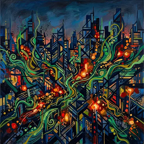 Abstract Cityscape - Geometric Shapes and Vibrant Life