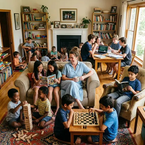 Heartwarming Family Scene: Mother Laughing with Diverse Kids