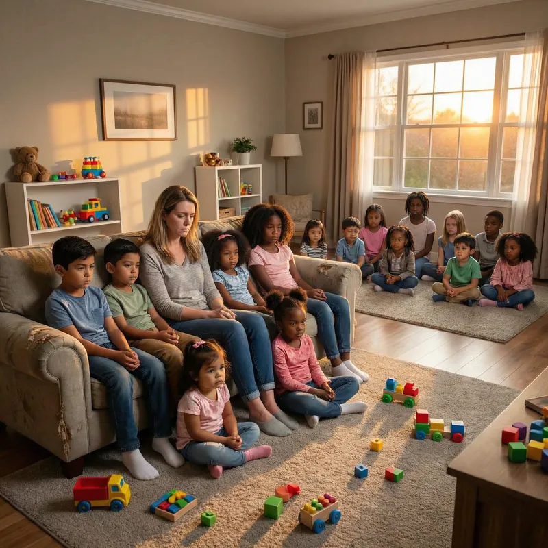 Heartbreaking Scene: Mother with 20 Sad Kids in Living Room