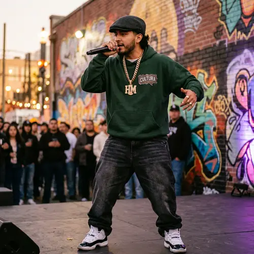 Hispanic Male Rapper with Unique Style and Microphone