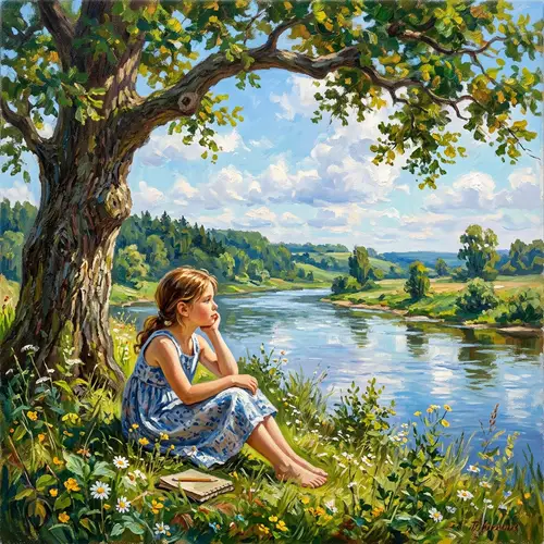 Dreamy River Scene - Girl Under Tree in Oil Painting