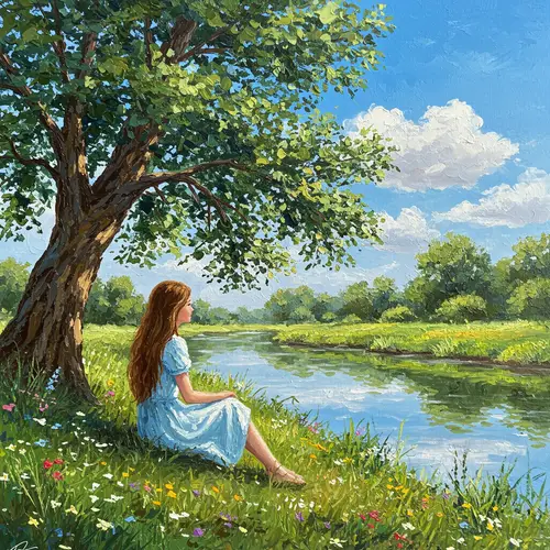 Dreamy River Scene - Girl Under Tree in Oil Painting
