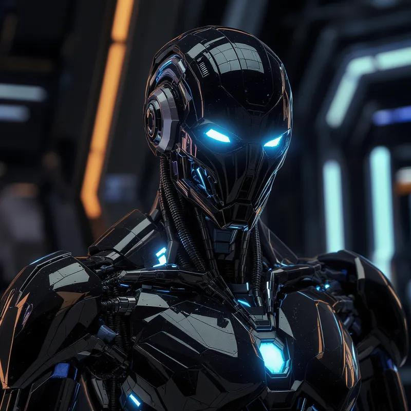 Futuristic Black Cyborg with Blue Accents