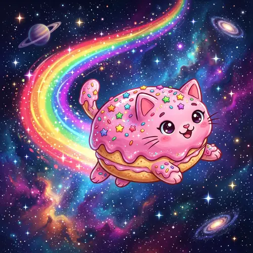 Flying Pink Frosted Pastry Cat in Space