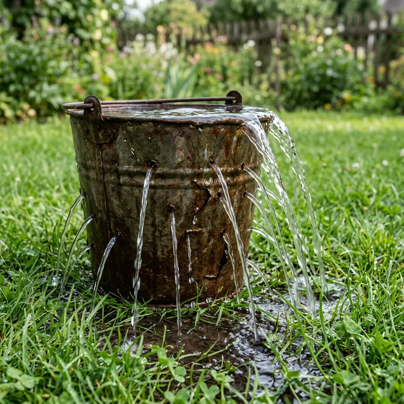 Natural Water Streams: Photorealistic Leaking Tin Bucket Natural Water Streams: Photorealistic Leaking Tin Bucket