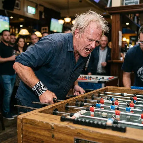 Intensely Aggressive Caucasian Man Playing Foosball