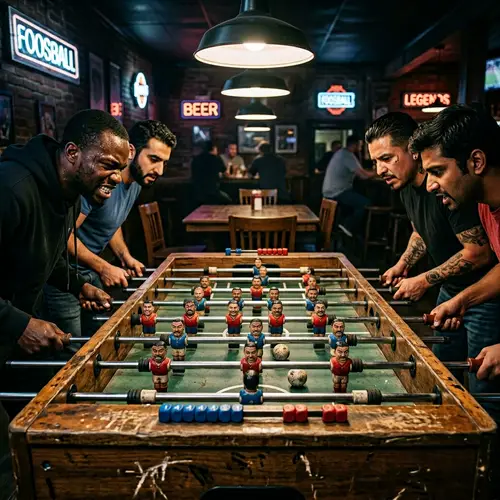 Intense Foosball Game with Diverse Players | Serious Competition