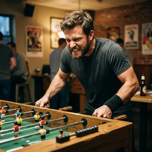 Intense Caucasian Man Playing Foosball with Wrist Band
