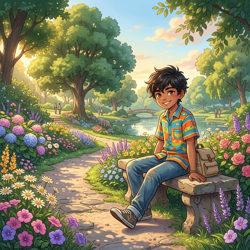 Anime Boy Sitting in a Peaceful Park