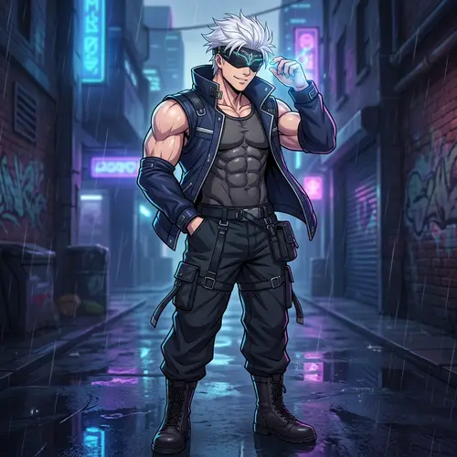 Muscular White-Haired Anime Character with Blindfold | Website Name