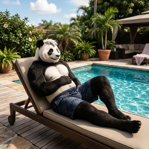 Masculine Panda Demi-Human Lounging by Serene Poolside