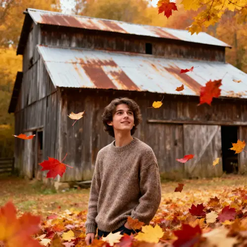 Fall Background with Old Barn and Colorful Leaves