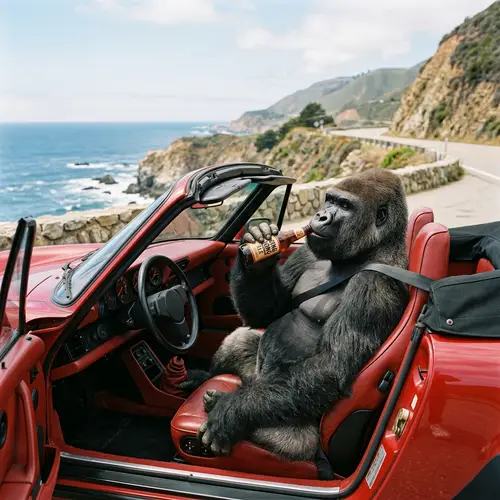Gorilla Enjoying Beer in a Red Porsche