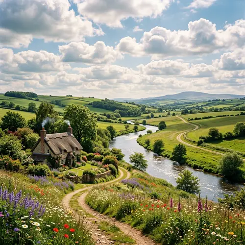 Serene Countryside Landscape with River and Cottage