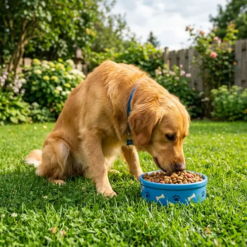 Golden Retriever Dog Eating from Blue Food Bowl on Green Lawn