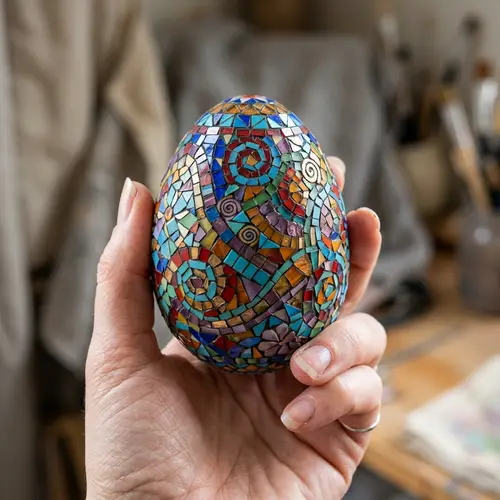 Intricate Mosaic Egg Shell Held by Hand