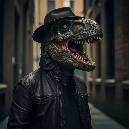 Man in Jacket with T-Rex Head