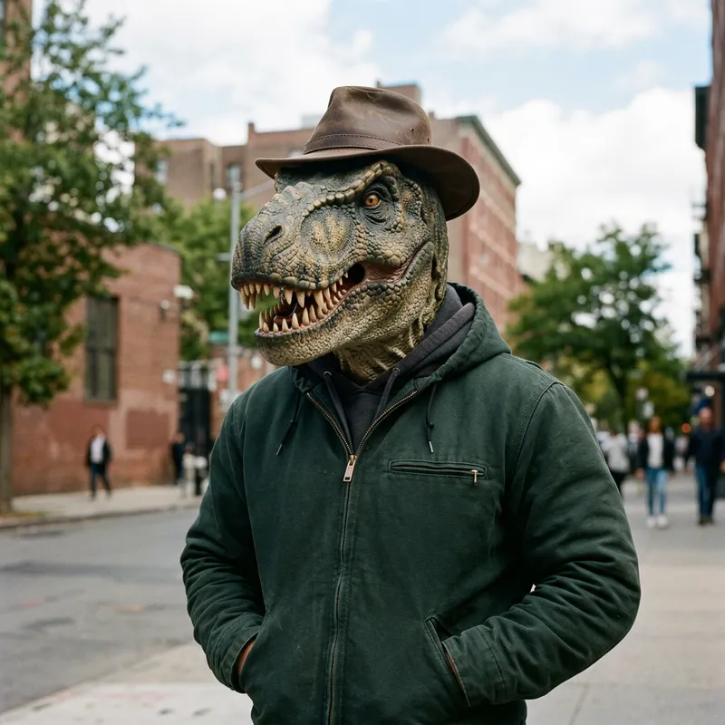 Man in Jacket with T-Rex Head