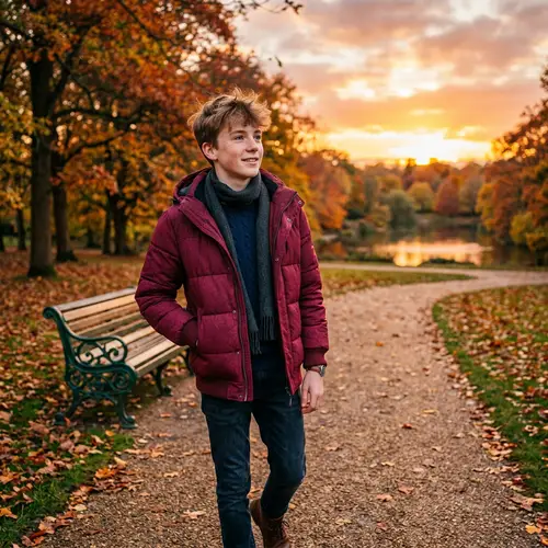 British Teenager Boy in Autumn Park at Sunset