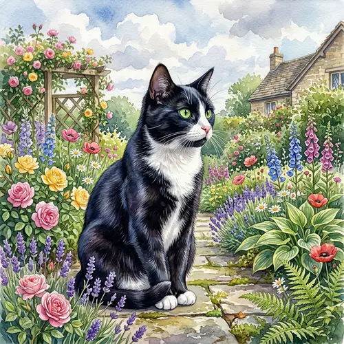 Detailed Watercolor Painting of Domestic Short-Haired Cat in Garden