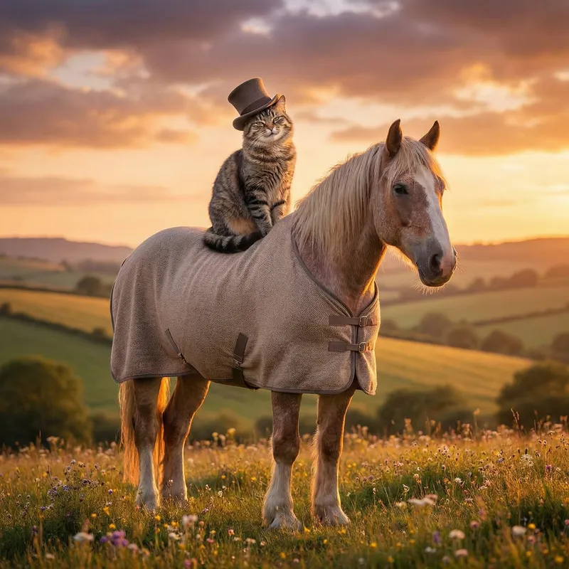 Whimsical Cat in Top Hat Sitting on Horse in Golden Sunset