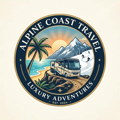 Elegant Travel Logo with Palm Tree, Mountain & Luxurious Motorhome