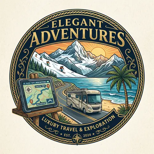 Elegant Travel Logo: Palm Tree, Sea, Mountain, Sun, Motorhome