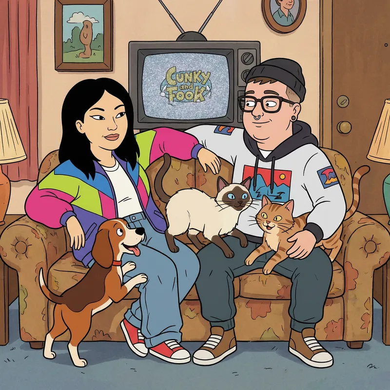 90s Animated Family Couch Scene with Pets 90s Animated Family Couch Scene with Pets