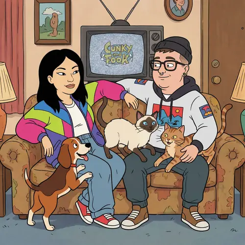 90s Animated Family Couch Scene with Pets
