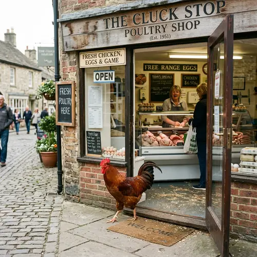 Rooster Entering Poultry Shop