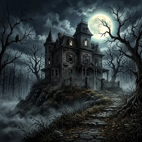 Spooky Abandoned Mansion on Haunted Hill - Eerie Moonlit Scene