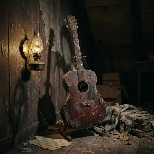 Spooky Guitar Scene: Eerie, Shadowy Aura with Distorted Shadows