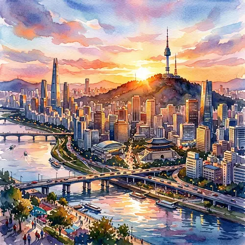 Vibrant Seoul Cityscape in Watercolor