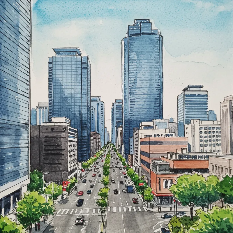 Vibrant Seoul Cityscape in Watercolor Vibrant Seoul Cityscape in Watercolor