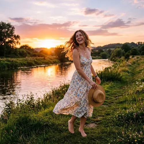 Radiant Woman in Sunset Landscape | Tranquil River Scene