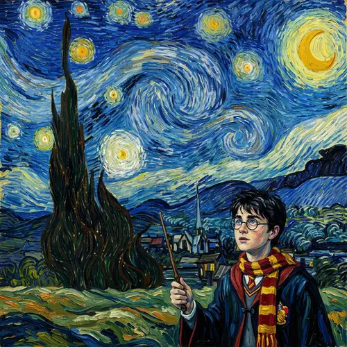 Wizard in Van Gogh Starry Night Style - Magical Artistry