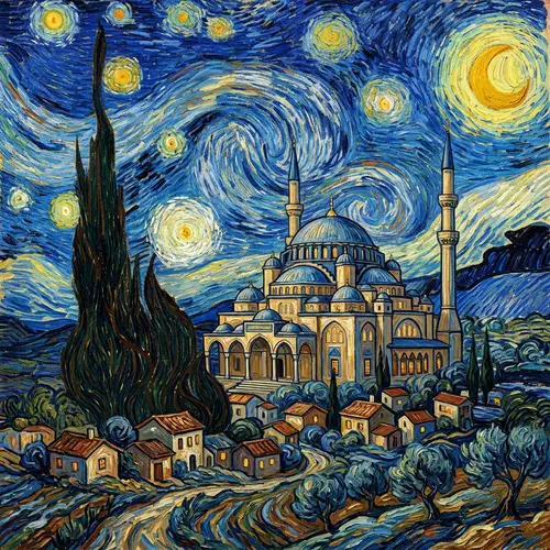 Beautiful Mosque in Van Gogh Starry Night Style