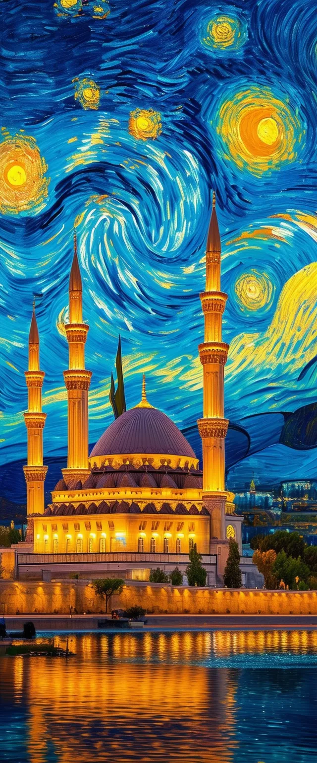 Beautiful Mosque in Van Gogh Starry Night Style Beautiful Mosque in Van Gogh Starry Night Style