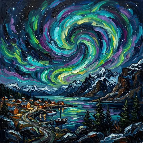 Aurora Borealis in Starry Night Style - Post-Impressionism Artwork