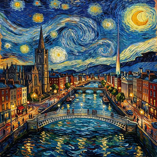Dublin City in Van Gogh Style | Vibrant Cityscape Painting
