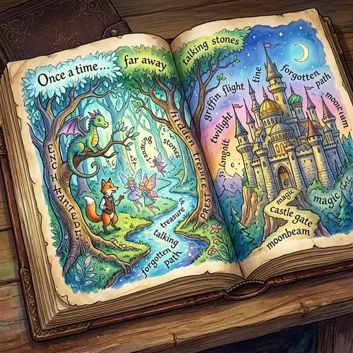 Enchanted Storybook Scene with Jumbled-up Words