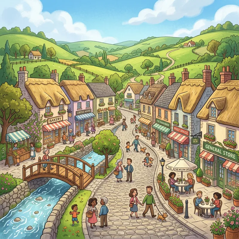 Charming Small Town Cartoon Scene | Pastel Buildings & Cobblestone Streets