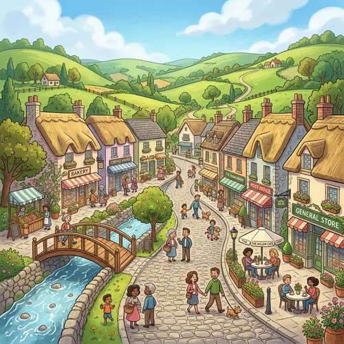 Charming Small Town Cartoon | Quaint Buildings & Cobblestone Streets