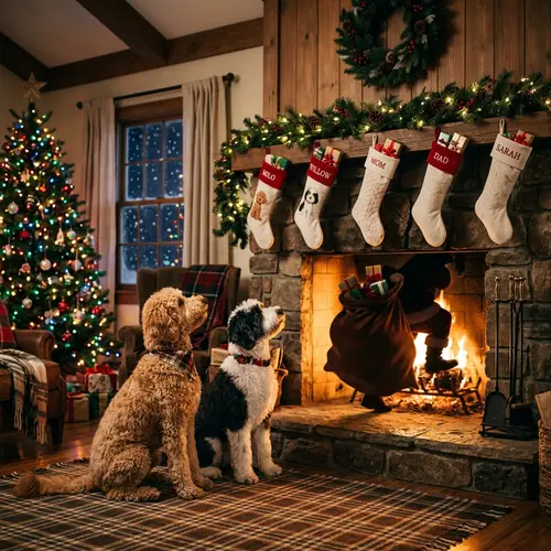 Winter Christmas Scene with Goldendoodle and Sheepadoodle by Fireplace