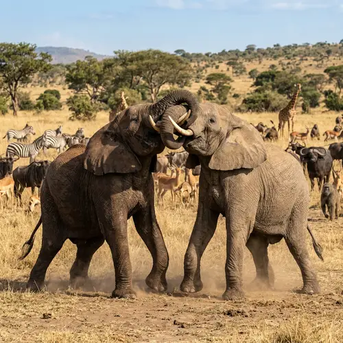 Elephants Wrestling: Friendly Bout in Sunny Grassland