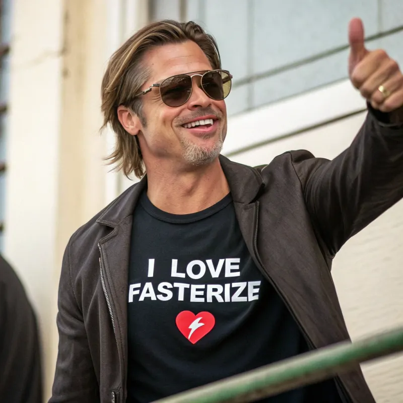 Brad Pitt in I Love Fasterize T-Shirt - Smiling Photo