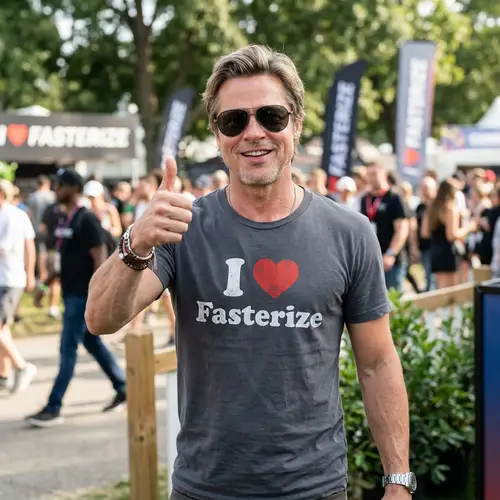 Brad Pitt in I Love Fasterize T-Shirt - Smiling Photo
