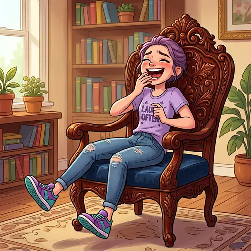 Cartoon Style Teenage Girl Laughing Out Loud in Mahogany Chair