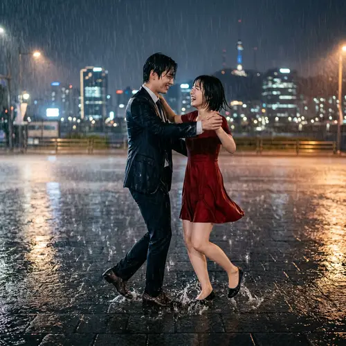 Romantic Waltz in the Rain: Jumin Han Lookalike & Woman Dancing