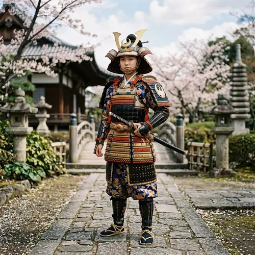 Realistic Samurai Girl in Traditional Armor and Kimono